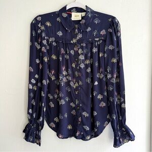 MAEVE ANTHROPOLOGIE Womens Navy Blue Top Blouse Sz 2 / XS Bell Sleeve Ruffle